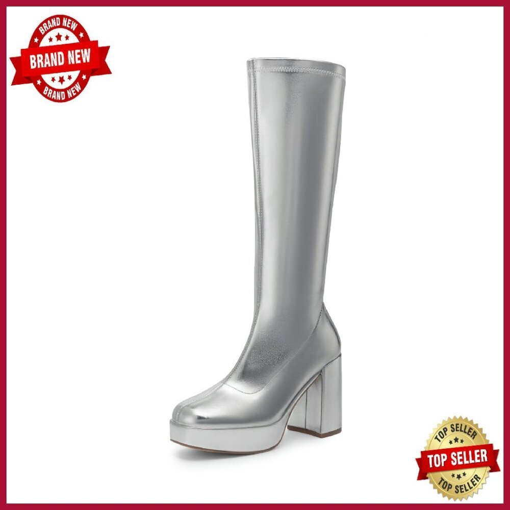 Women's Platform Knee High Boots Chunky Heel Side Zipper Vegan Leather